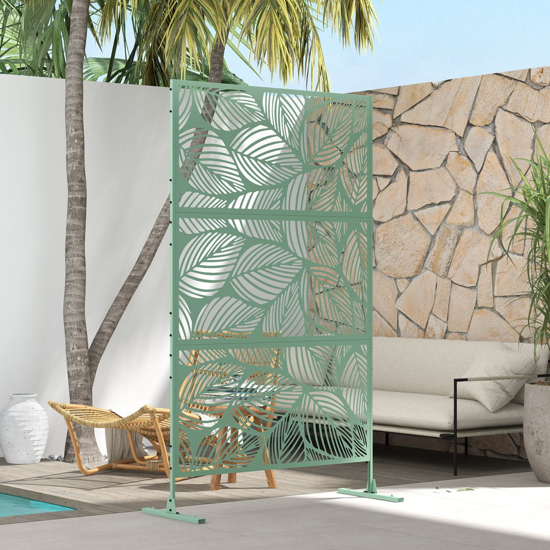 Outsunny 6.5FT Decorative Outdoor Divider, Metal Privacy Screen with Stand, Leaf Style, Light Green