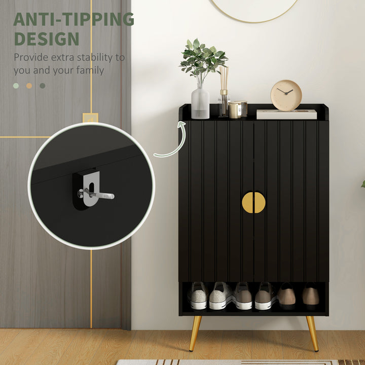 HOMCOM Entryway Shoe Storage Cabinet, Narrow Shoe Cabinet with Adjustable Shelves and Open Shelf for 15 Pairs of Shoes, Grey