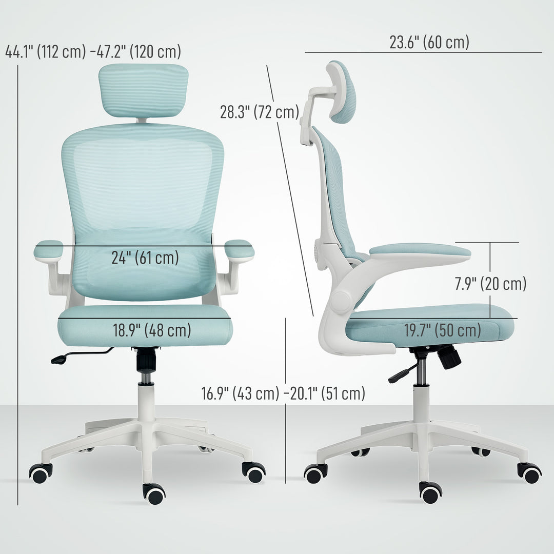 HOMCOM Ergonomic Mesh Office Chair, High Back Desk Chair with Rotatable Headrest, Flip-Up Armrests, Lumbar Support, Grey