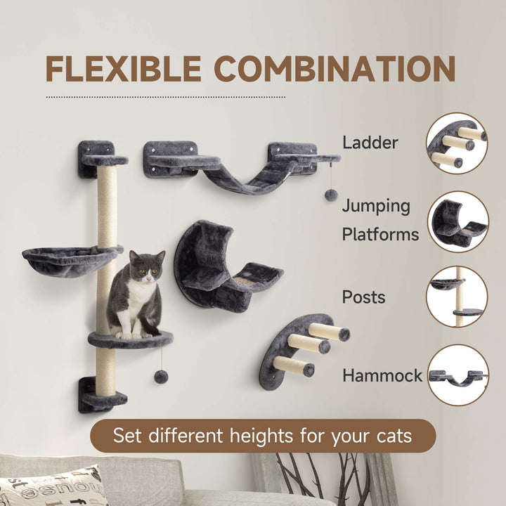 PawHut 4Pcs Cat Wall Shelf with Scratching Post, Cat Wall Shelves for Relaxing, Climbing, Cat Wall With Soft Ladder, Hammock, Play Balls, Grey