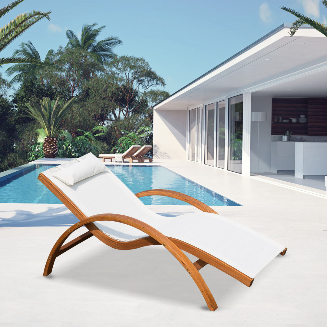 Outsunny Outdoor Wood Sling Chaise Lounge Reclining Garden Mesh Lounger Patio Chair with Headrest Cream