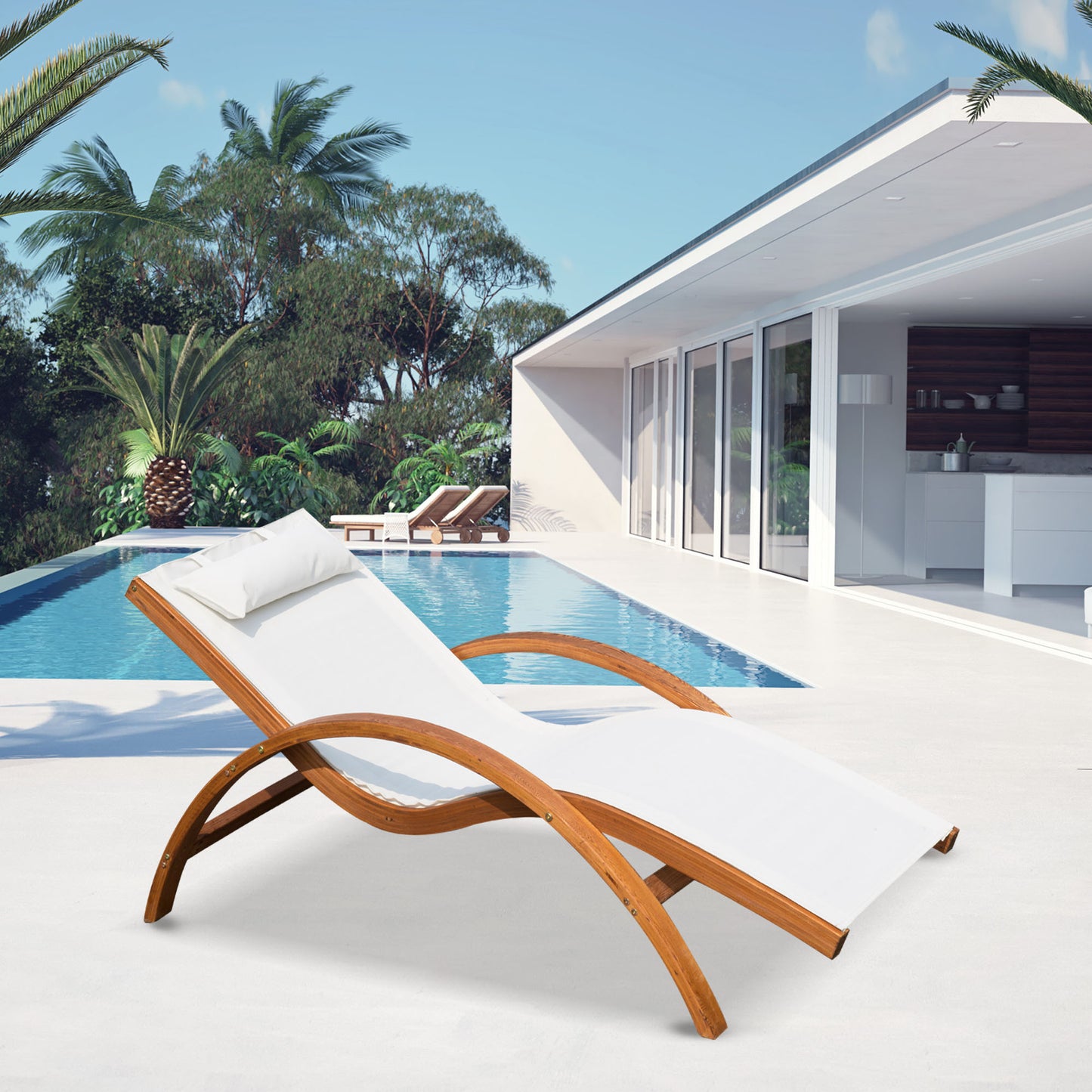 Outsunny Outdoor Wood Sling Chaise Lounge Reclining Garden Mesh Lounger Patio Chair with Headrest Cream