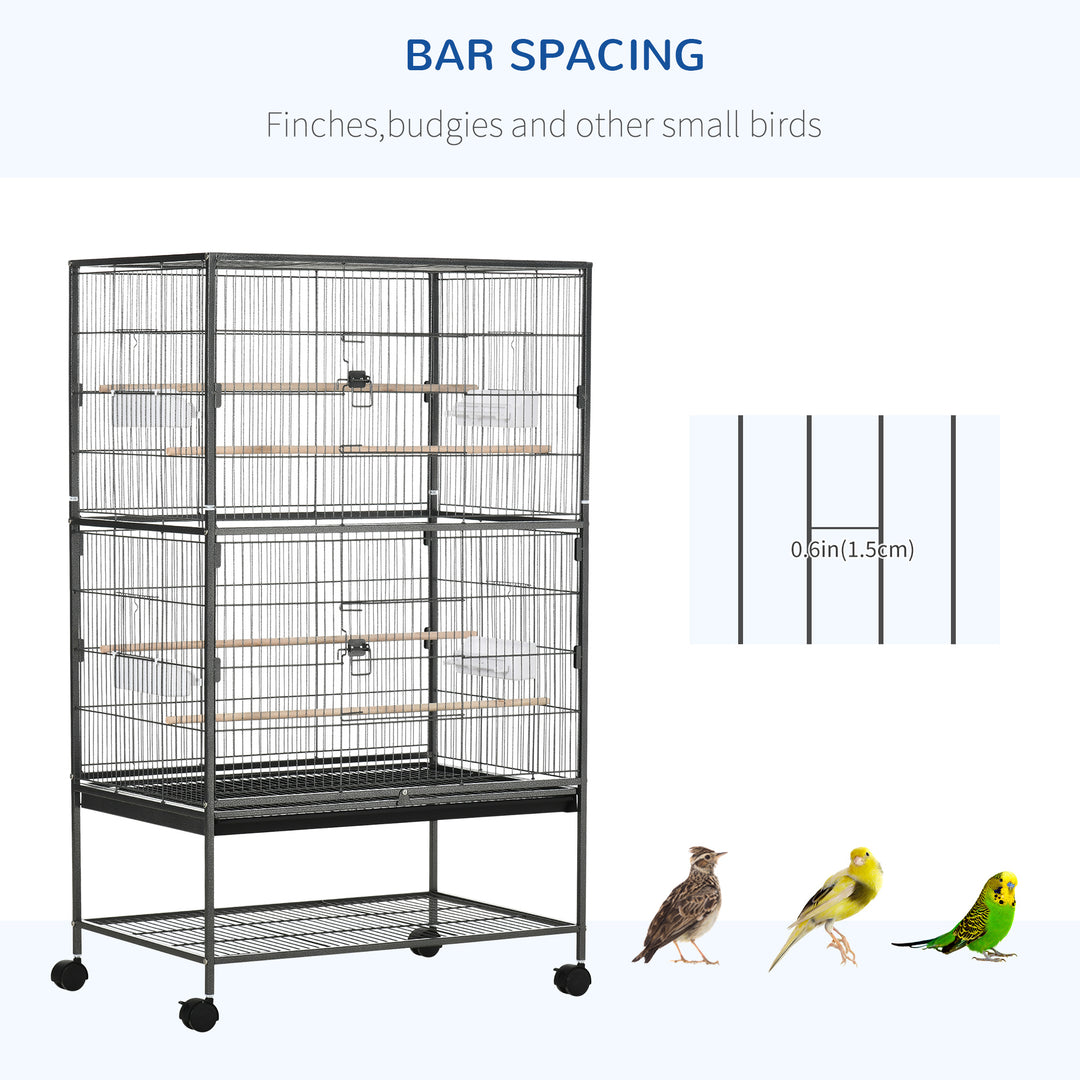 PawHut 52'' Large Rolling Steel Bird Cage Bird House with Rolling Stand, Storage Shelf, Wood Perch, Food Container, Dark Grey