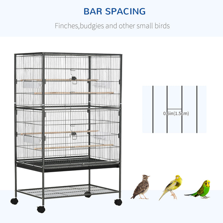 PawHut 52'' Large Rolling Steel Bird Cage Bird House with Rolling Stand, Storage Shelf, Wood Perch, Food Container, Dark Grey