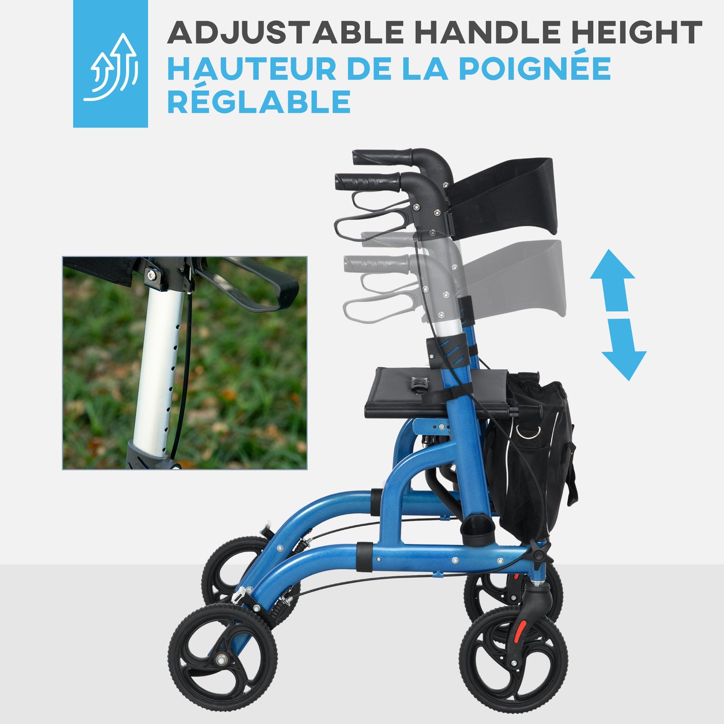HOMCOM Rollator Walker for Seniors and Adults with 8'' Wheels, Padded Seat and Backrest,  Storage Bag Blue