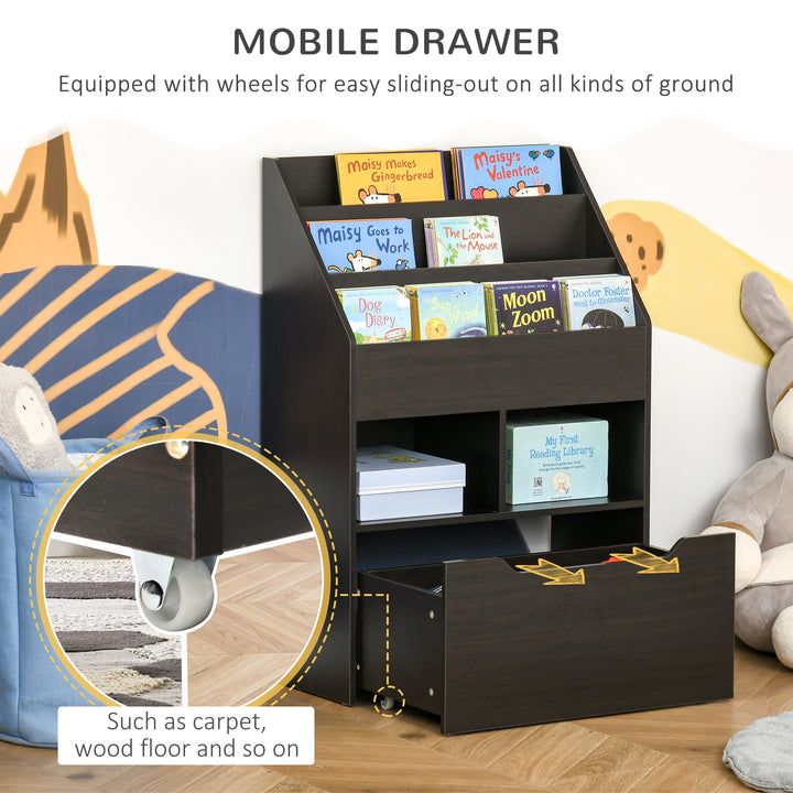 HOMCOM Kids Bookcase Multi-Shelf Rack Organizer with Storage Drawer for Books for Reading Nook, Classroom, Bedroom, Playroom, Grey