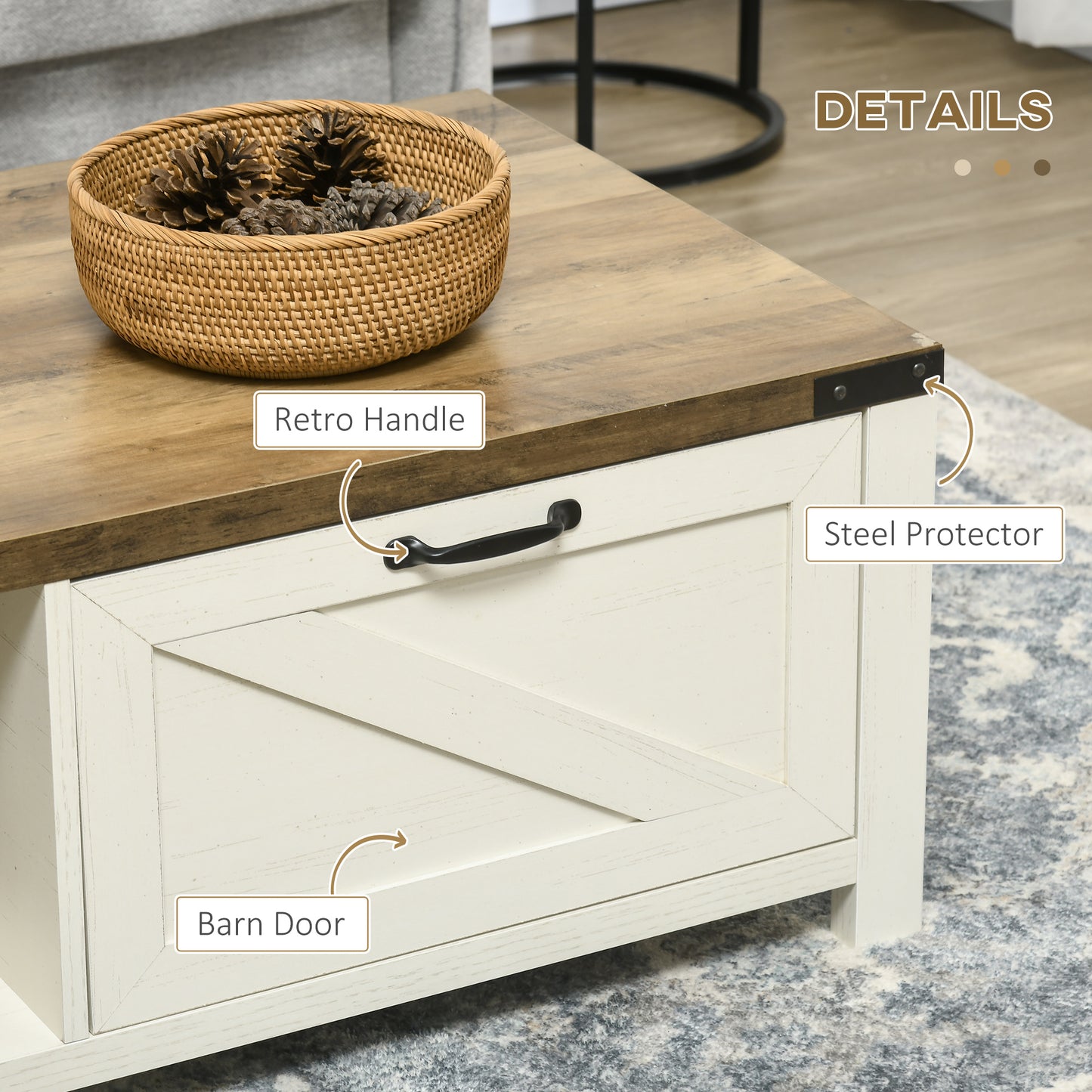 HOMCOM Industrial Coffee Table Side End Table with Drawer, Open Storage Shelf, Modern Farmhouse Furniture, for Living Room, Dining Room, Office, White Oak