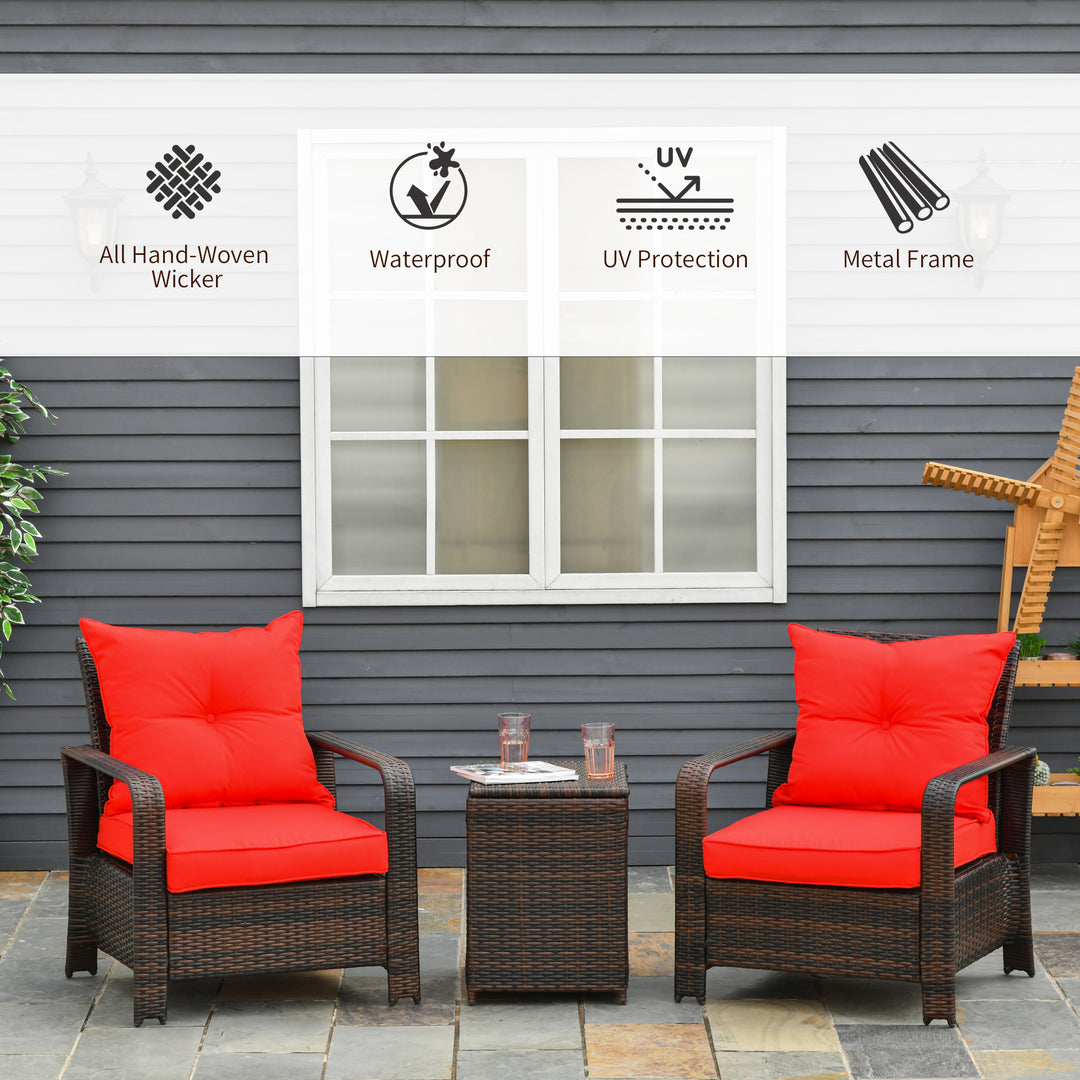 Outsunny 3 Pieces Wicker Patio Furniture Set, Rattan Bistro Set with Storage Coffee Table and Thickened Cushions, Outdoor Conversation Set for Garden, Porch, Balcony, Red