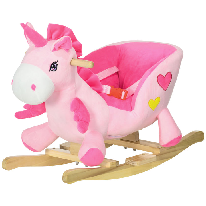 Qaba Baby Rocking Horse Ride On Unicorn with Songs, Toddler Rocker Toy with Wooden Base Seat Safety Belt for 1.5-3 Year Old, Pink