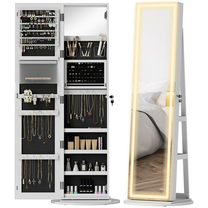 HOMCOM Jewelry Cabinet with Full Length Lockable Mirror, Standing Jewelry Armoire Organizer with LEDs, White