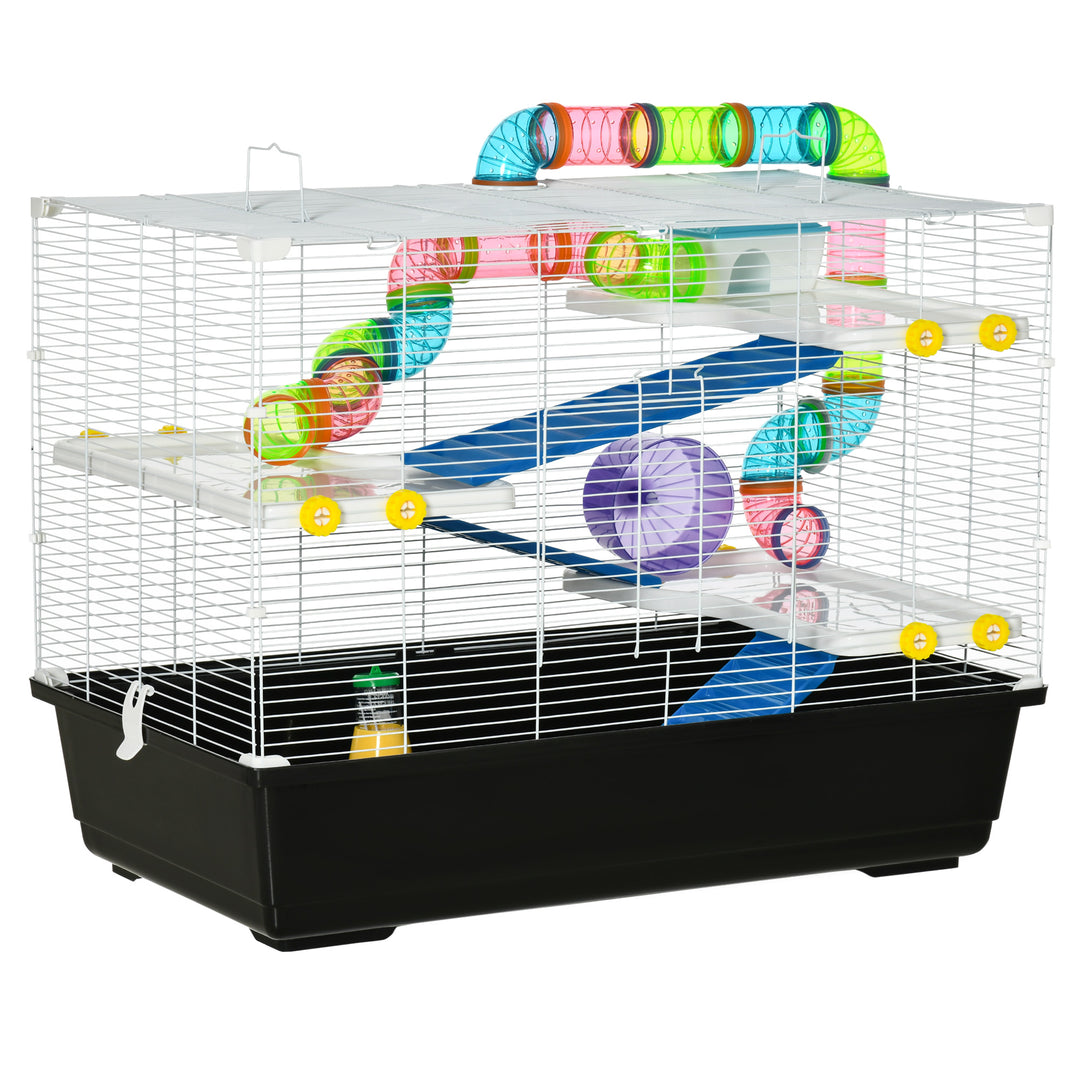 PawHut 31" Large Hamster Cage, Small Animal House, Multi-storey Gerbil Haven, Tunnel Tube System, with Water Bottle, Exercise Wheel, Food Dish, Ramps, White