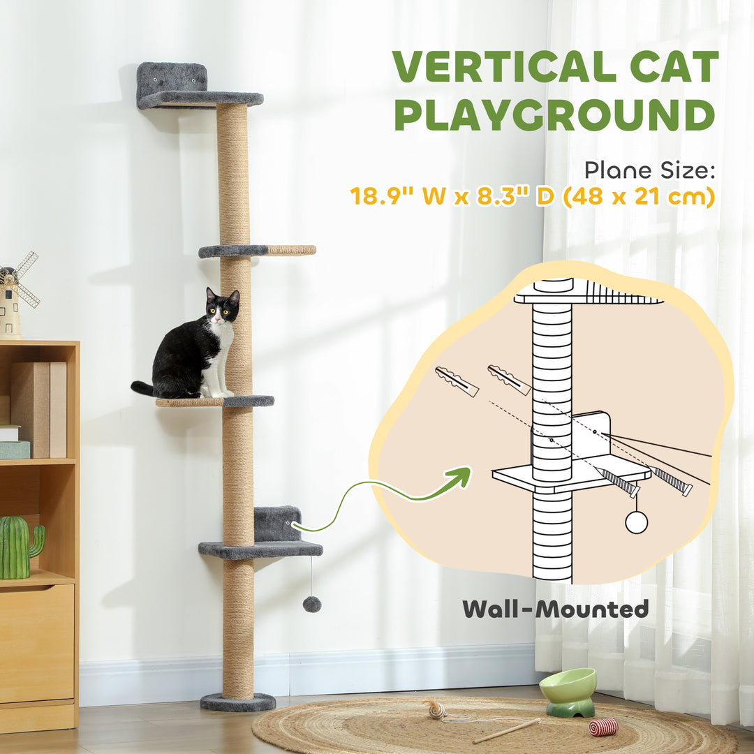 PawHut Cat Wall Shelves, Cat Wall Furniture with 4 Platforms, Jute Scratching Post for Indoor Playing, Climbing, Dark Grey