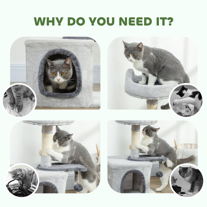 PawHut 28" Cat Tree Tower with Plush Top Bed, Cozy Condo, Sisal Scratching Post, Perch, Dangling Ball, Light Grey