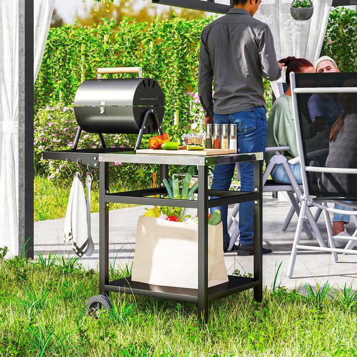 Outsunny Outdoor Grill Dining Cart with Stainless Steel Top and Foldable Side Table, BBQ Movable Pizza Oven Stand Food Prep Table Trolley with Hooks Shelf Cover, Black