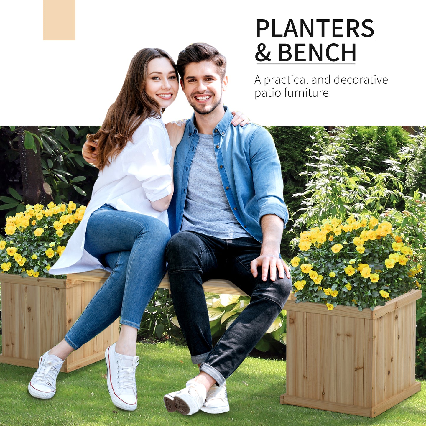 Outsunny Garden Planter with Raised Garden Bed Bench for Patio Park, 69.25" x 15" x 15.75", Natural