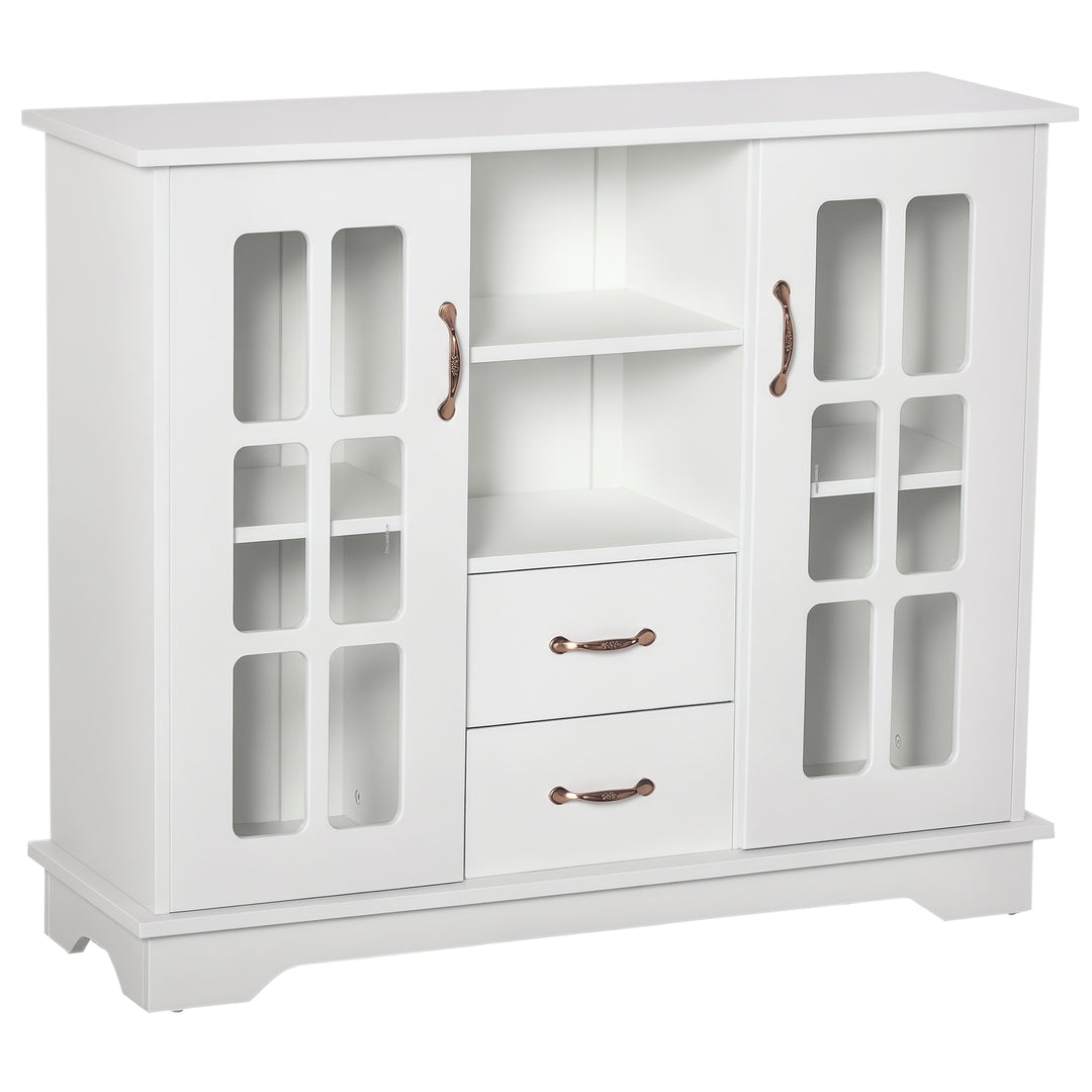 HOMCOM Modern Kitchen Sideboard with 2 Drawers, Coffee Bar Cabinet with Glass Doors Storage Cupboard and Open Shelf, White