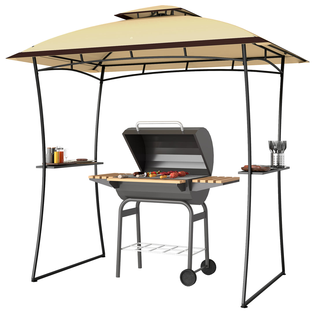 Outsunny 8' x 5' Outdoor Grill Gazebo, Double Tiered Barbecue Grill Gazebo Shelter with 2 Side Shelves and Hook, Light Grey