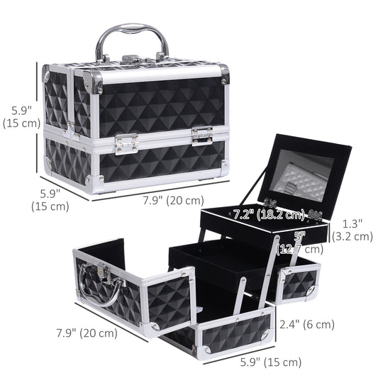 HOMCOM 3 Tier Diamond Texture Makeup Train Case Cosmetic Organizer with Mirror, Black