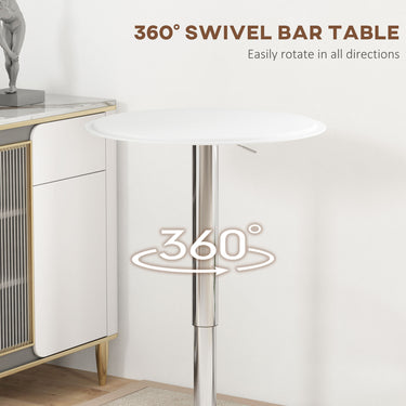 HOMCOM Modern Round Bar Table Adjustment Height Home Pub Bistro Desk Faux Leather Covered Wooden Top Chrome Base White