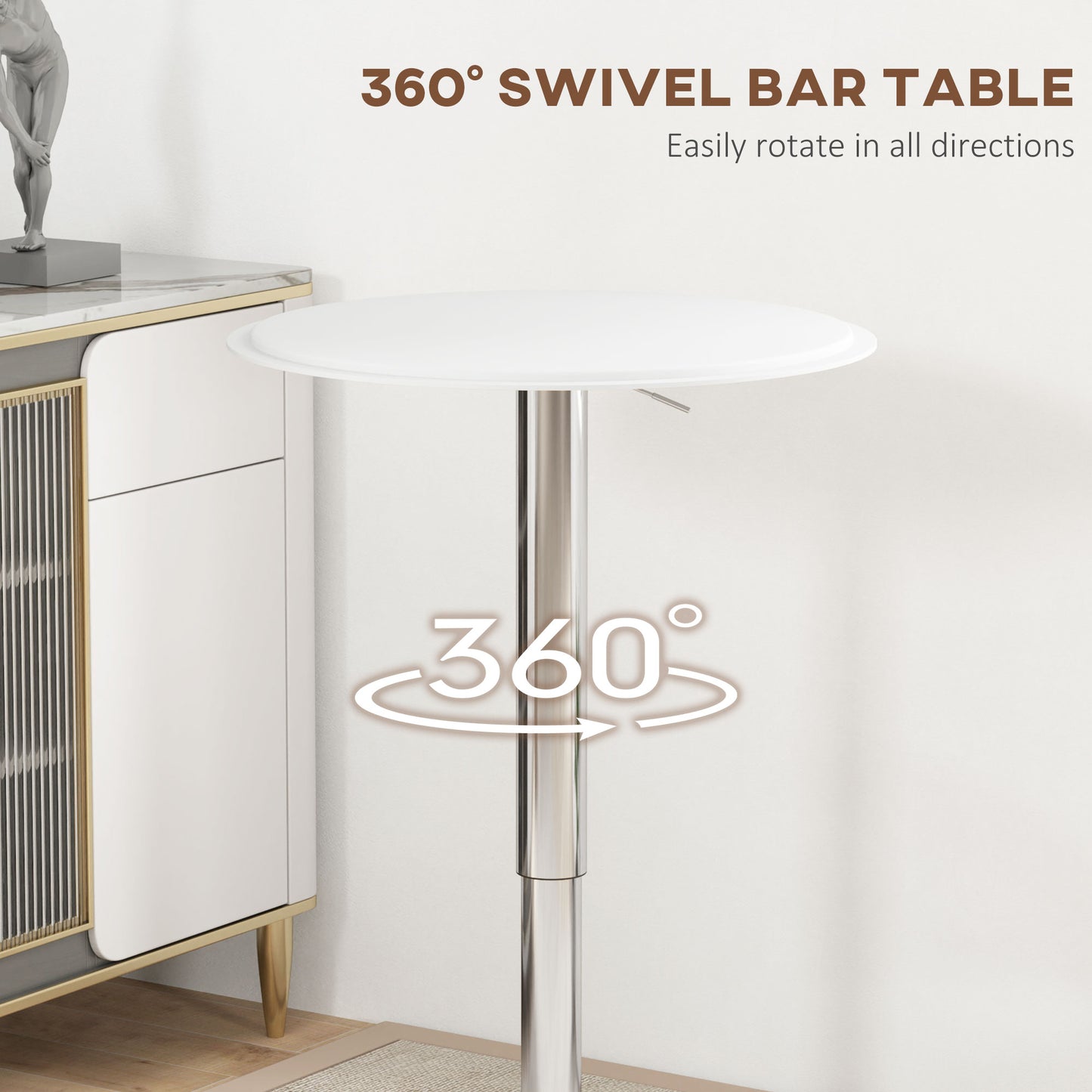 HOMCOM Modern Round Bar Table Adjustment Height Home Pub Bistro Desk Faux Leather Covered Wooden Top Chrome Base White