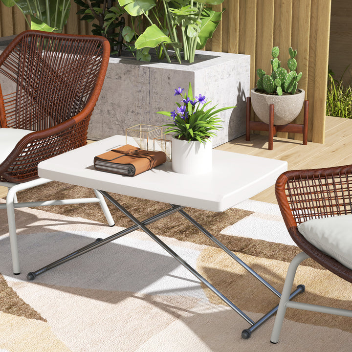 Outsunny Folding Outdoor Patio Table, 3-Level Adjustable Camping Table Picnic Table with HDPE Top, Steel Legs, White