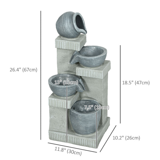 Outsunny 4-Tiered Outdoor Jar and Bowls Water Fountain with LED Lights, Adjustable Flow, 26.4-inch Resin Waterfall Fountain