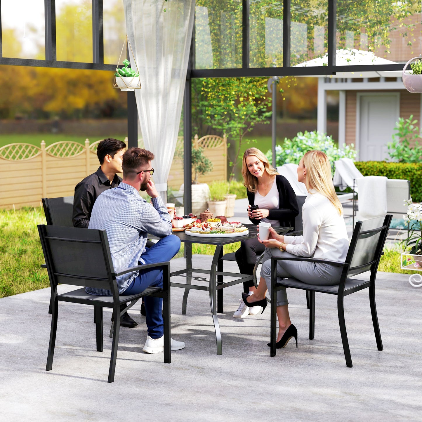 Outsunny Outdoor Dining Table for Four, Patio Table with Parasol Hole, Square Garden Table with Slatted Metal Plate Top, for Backyard, Poolside, Black