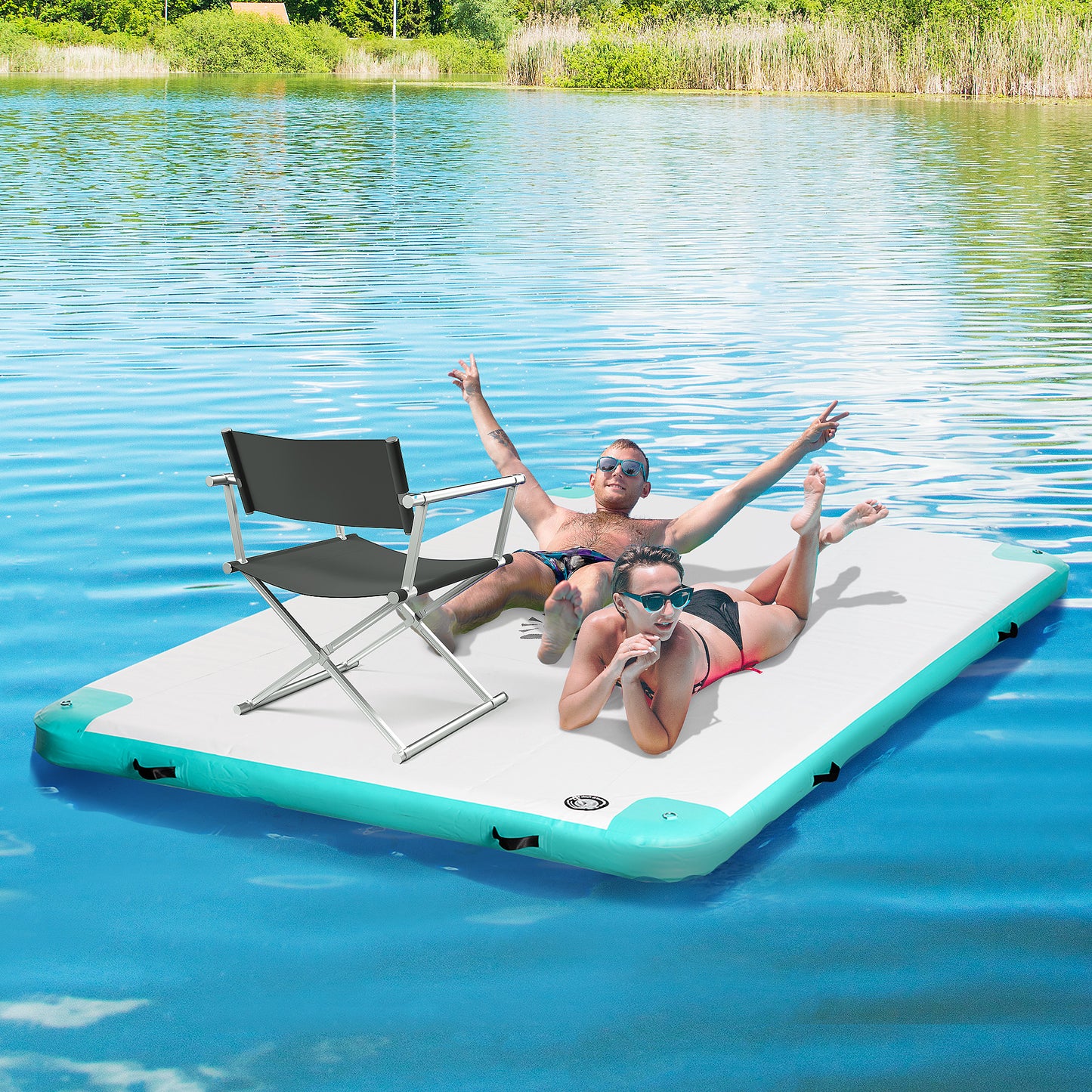 Outsunny 8' x 6' Water Floating Dock, Rafting Inflatable Island with Air Pump and Backpack for Pool, Beach, Ocean, Blue & Green