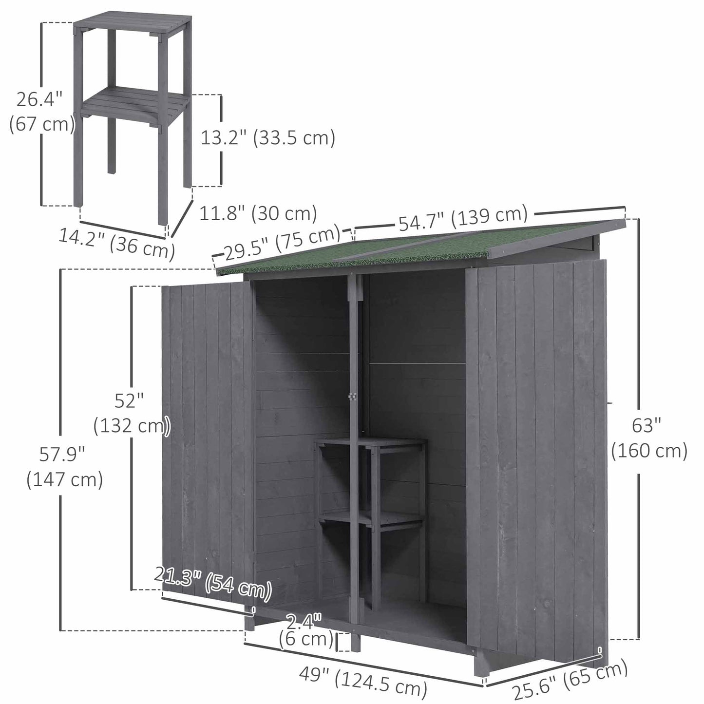 Outsunny 54.75''x29.5''x63'' Garden Storage Shed Asphalt Roof Wooden Timber Double Door Utility Storage House w/ Movable Shelf & Fixed Fittings