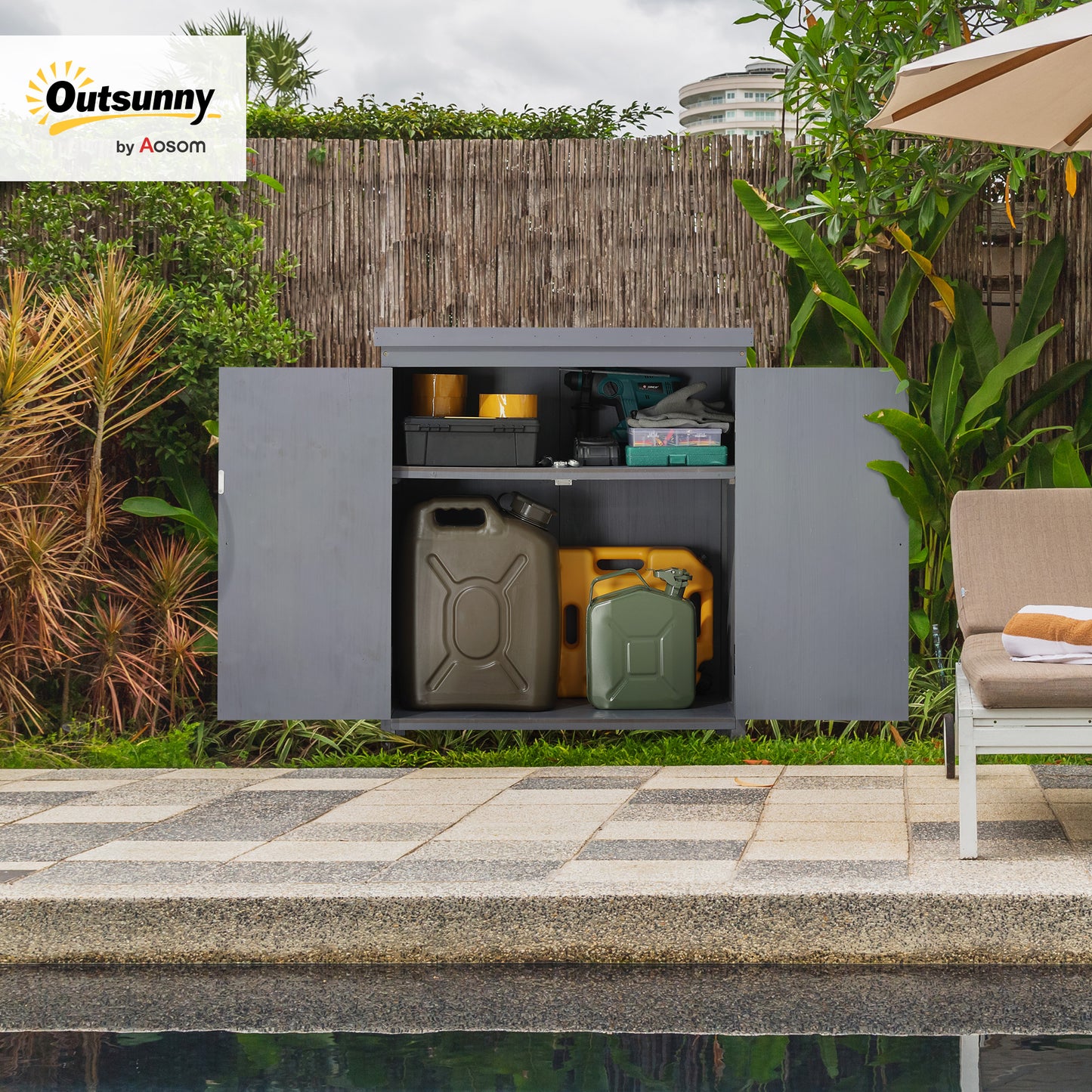 Outsunny Garden Storage Cabinet, Outdoor Tool Shed with Galvanized Top and Two Shelves for Yard Tools or Pool Accessories, Grey