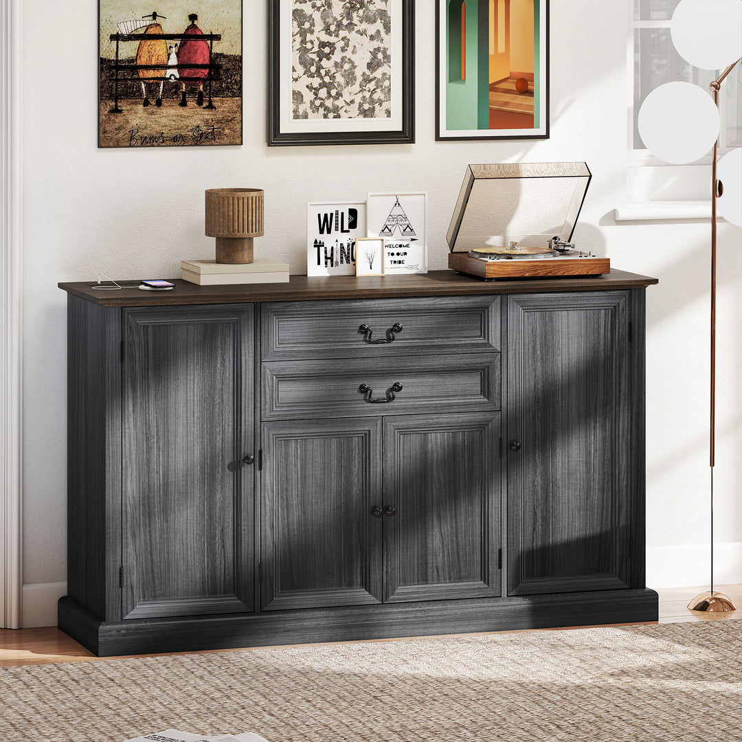 HOMCOM Farmhouse Sideboard with Charging Station and Thickened Top, 58" Buffet Cabinet with 2 Soft-Close Drawers, White