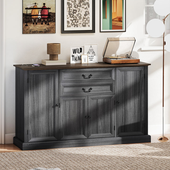 HOMCOM Farmhouse Sideboard with Charging Station and Thickened Top, 58" Buffet Cabinet with 2 Soft-Close Drawers, White