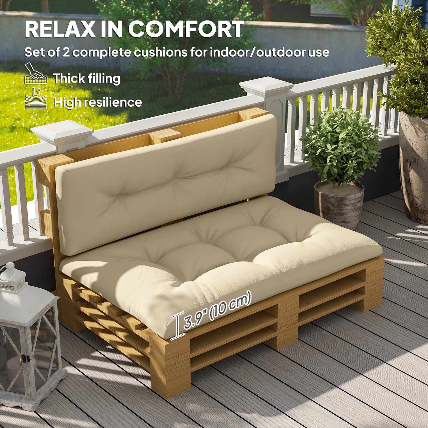 Outsunny 2-Piece Pallet Cushion Set, Outdoor 3.9" Thick Replacement Pallet Sofa Cushions, Tufted Replacement Pads for Garden Patio, Beige