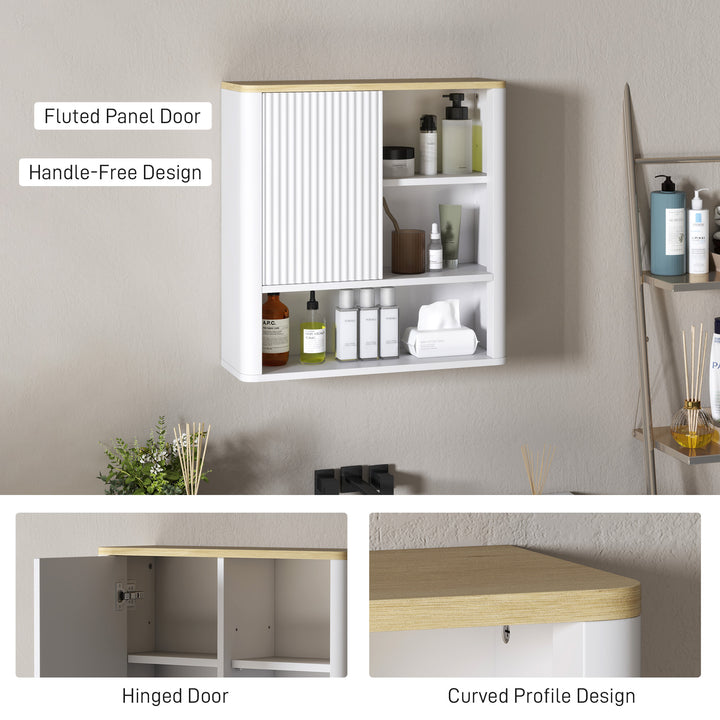 HOMCOM Bathroom Wall Cabinet, Medicine Cabinet with Fluted Panel, Curved Bathroom Cabinet with Adjustable Shelves, White