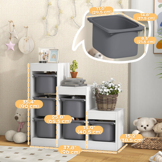 Qaba 3 Layers Toy Storage Organizer Kids Bookshelf Children Toy Storage w/ 6 Plastic Bins, White