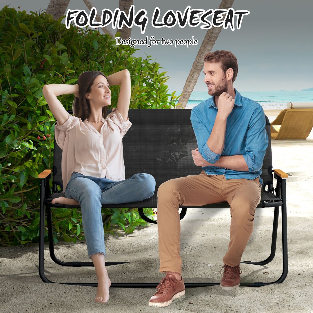 Outsunny Double Folding Chair, Loveseat Camping Chair for 2 Person, Portable Outdoor Chair with Wood Armrest for Fishing Travel, Green