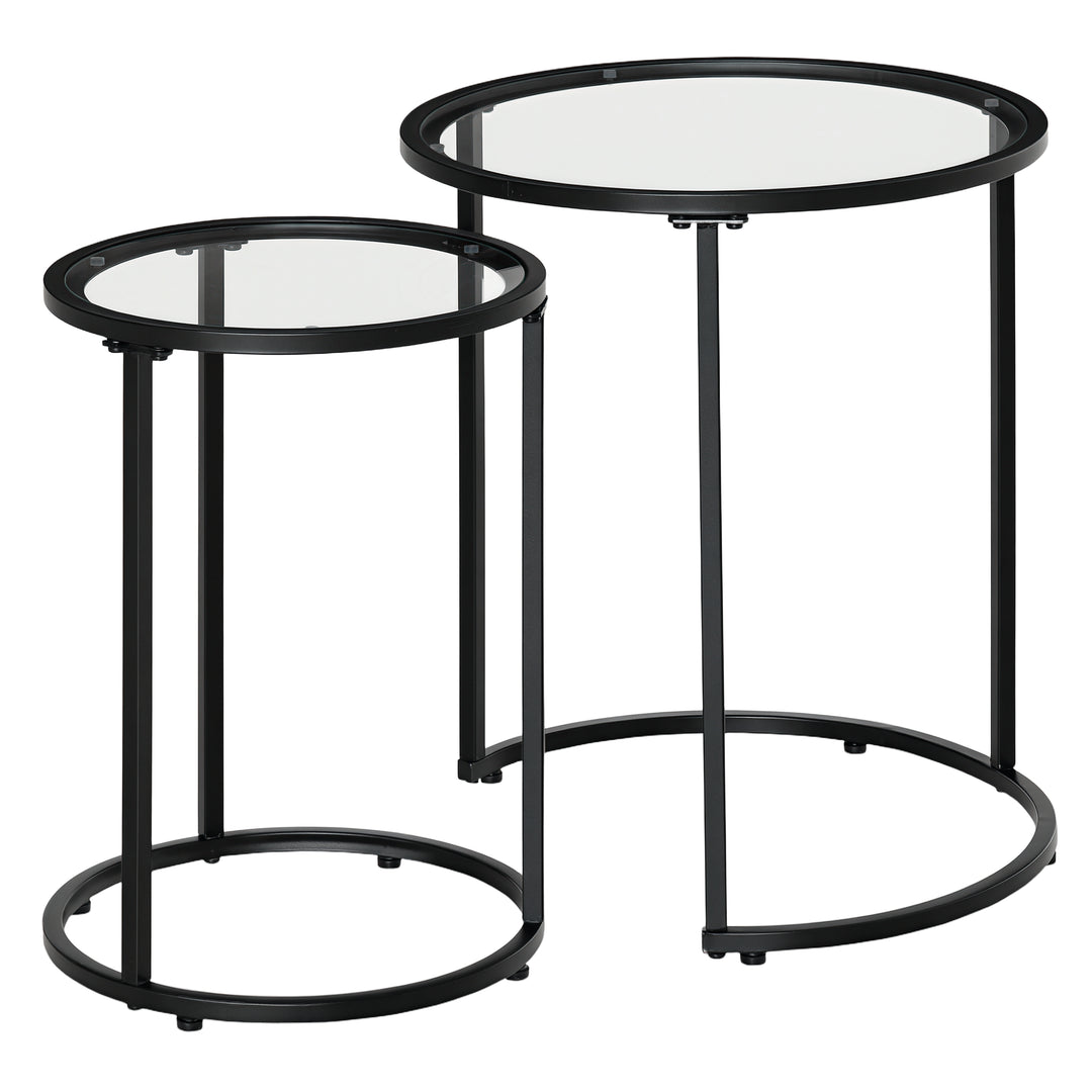 HOMCOM Set of 2 Nesting Coffee Tables with Metal Base, Round Side Table with Tempered Glass Tabletop for Living Room, Bedroom, Black