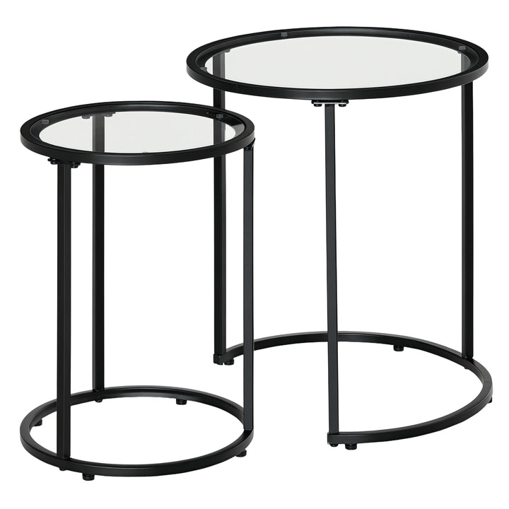 HOMCOM Set of 2 Nesting Coffee Tables with Metal Base, Round Side Table with Tempered Glass Tabletop for Living Room, Bedroom, Black