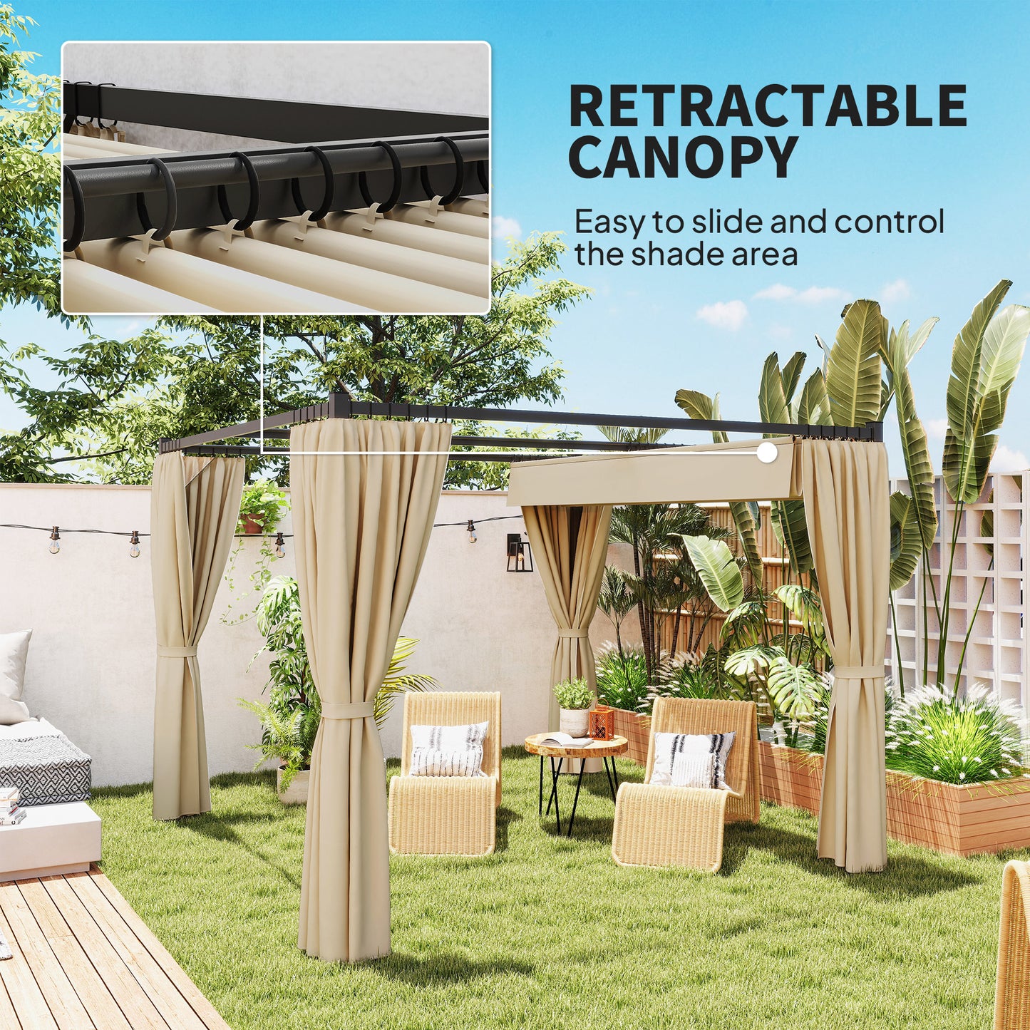 Outsunny 10' x 10' Retractable Pergola, Garden Gazebo Shelter with Curtains, for Grill, Patio, Deck, Beige