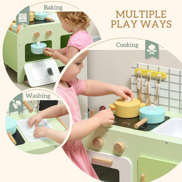 Qaba Kids Kitchen Playset with 15 Accessories, Microwave Oven, Cabinets, for Boys and Girls Ages 3+, Green