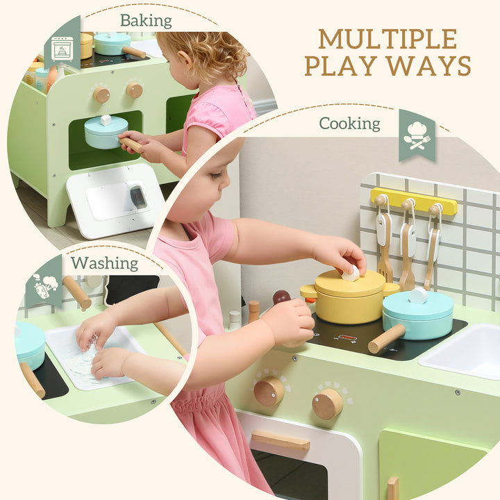 Qaba Kids Kitchen Playset with 15 Accessories, Microwave Oven, Cabinets, for Boys and Girls Ages 3+, Green