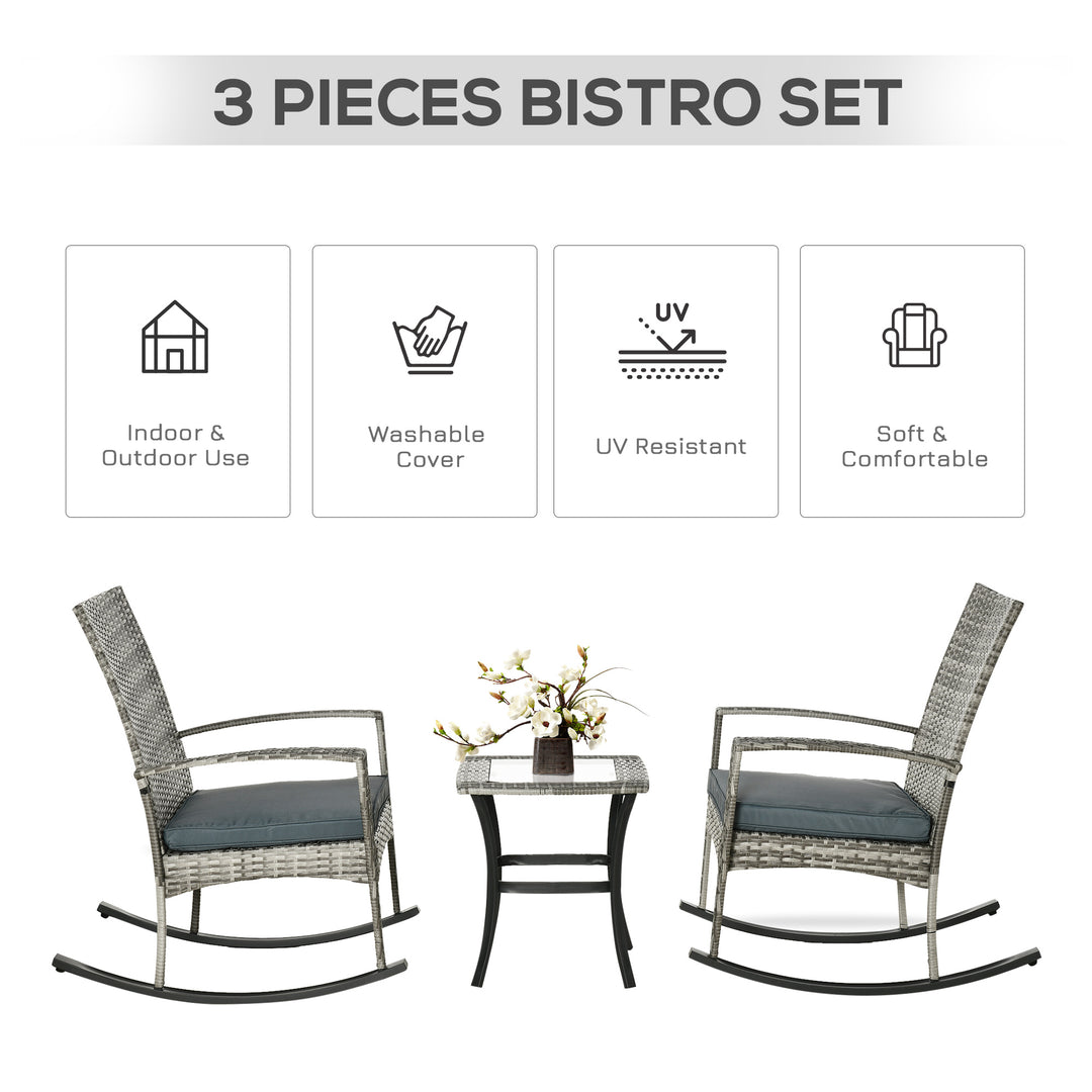 Outsunny 3 Pieces Patio Wicker Rocking Chair Set,  Outdoor PE Rattan Bistro Set Conversation Rocker Set with 2 Chairs 1 Coffee Table for Backyard, Deck, Poolside, Dark Grey