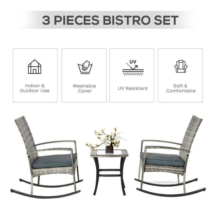 Outsunny 3 Pieces Patio Wicker Rocking Chair Set,  Outdoor PE Rattan Bistro Set Conversation Rocker Set with 2 Chairs 1 Coffee Table for Backyard, Deck, Poolside, Dark Grey