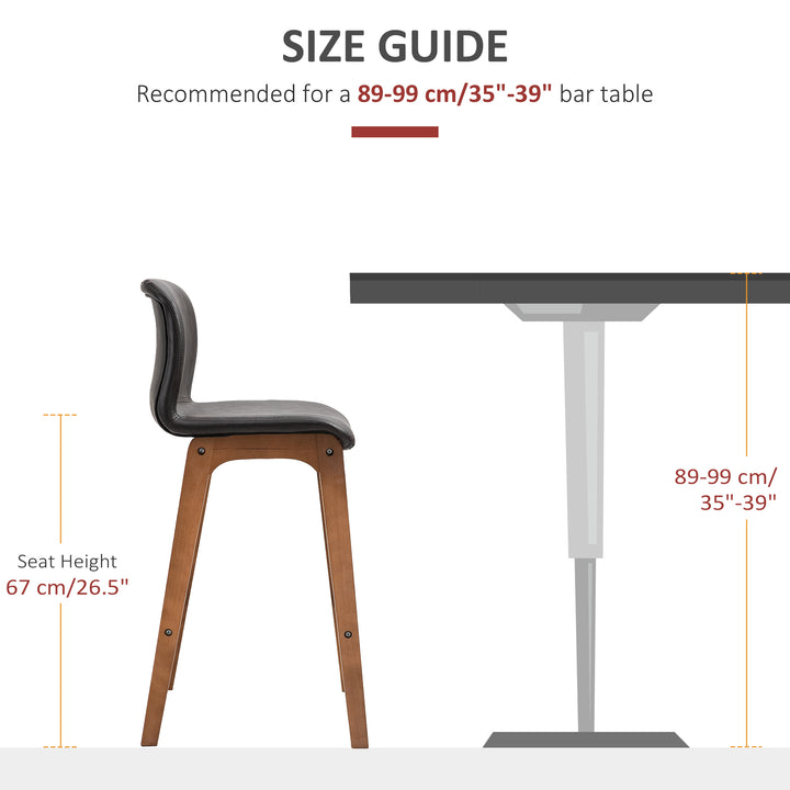 HOMCOM Modern Bar Stools Set of 2, Counter Height Bar Chair with PU Leather Wooden Frame Padding Seats for Dining Room Home Bar, Dark Brown