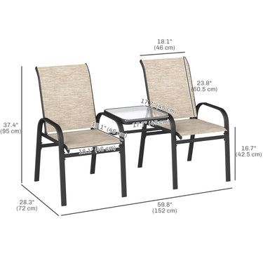 Outsunny Outdoor Loveseat with Glass Table, Garden Patio Bench with Breathable Mesh Seat, High Back, Armrests, Brown