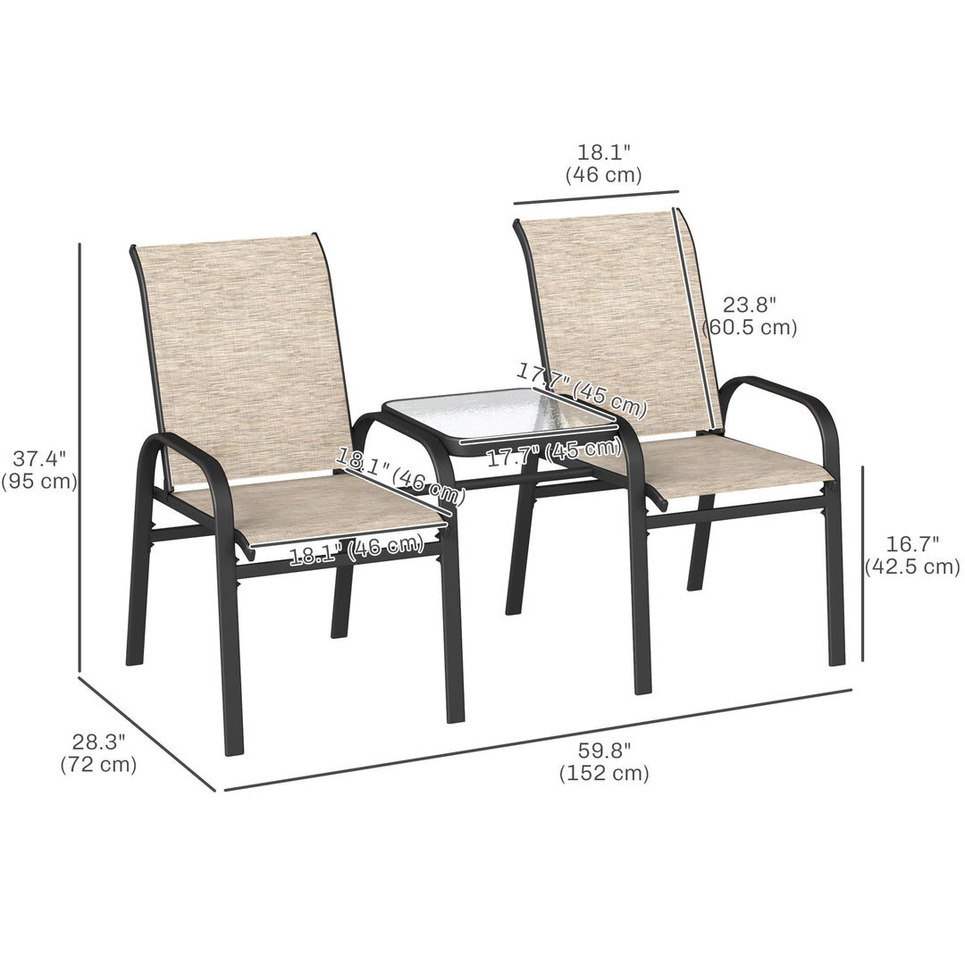 Outsunny Outdoor Loveseat with Glass Table, Garden Patio Bench with Breathable Mesh Seat, High Back, Armrests, Brown