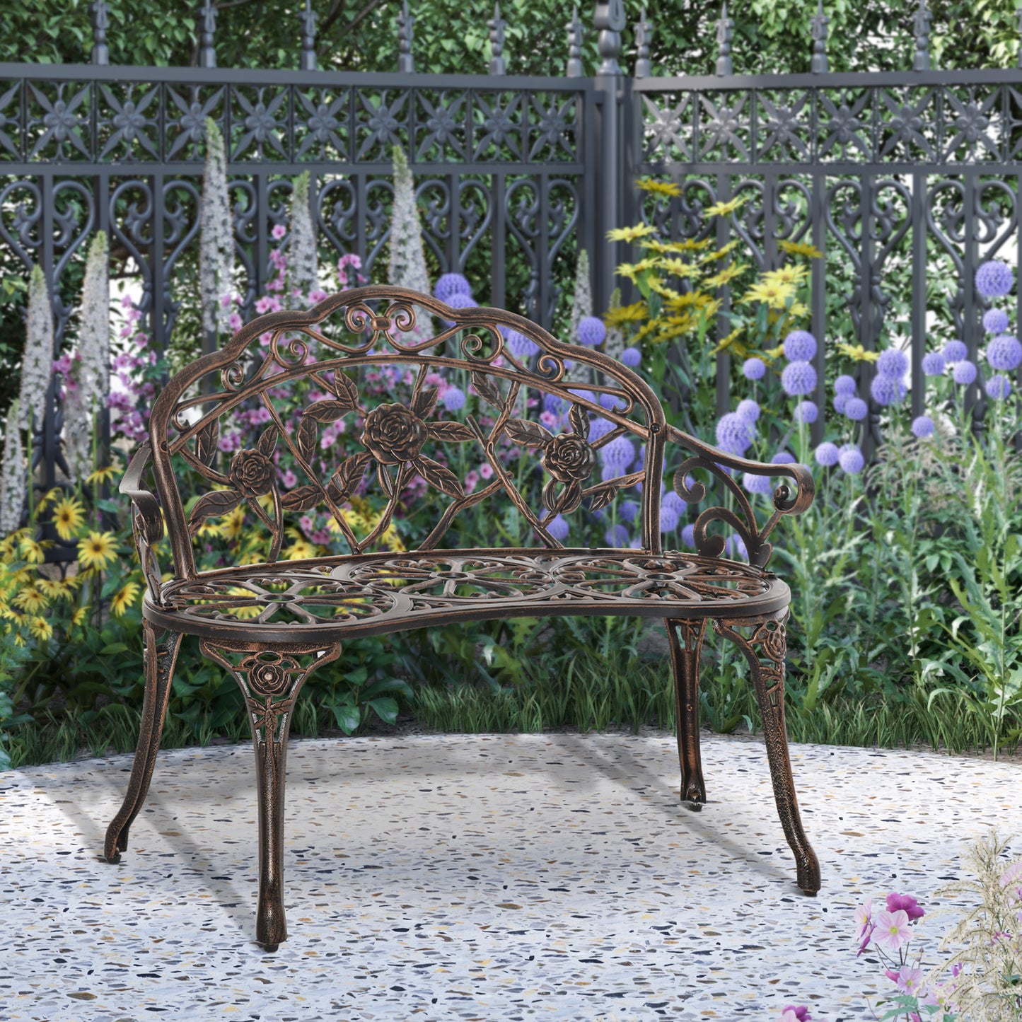 Outsunny 40" Outdoor Garden Bench, Cast Aluminum Antique Rose Style Patio Garden Park Loveseat Bench for Backyard, Porch, Balcony, Lawn, Bronze