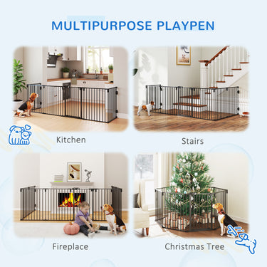 PawHut Dog Safety Gate 8-Panel Playpen Fireplace Christmas Tree Steel Fence Stair Barrier Room Divider Black