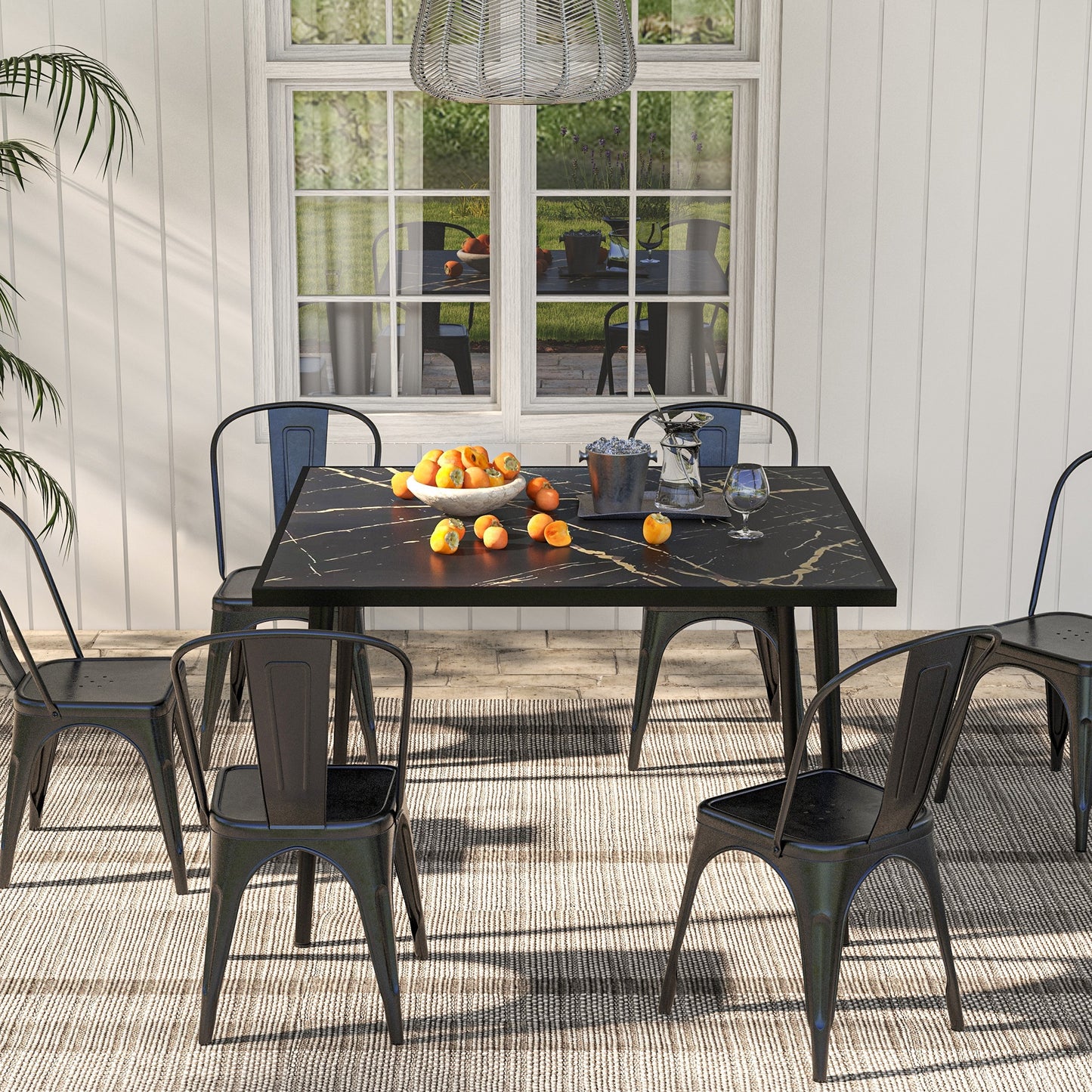 Outsunny Outdoor Dining Table for 4, Square Patio Dining Table with Marble Effect Tempered Glass Top and Steel Frame, White