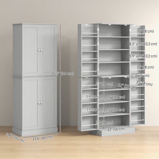 HOMCOM 65" Kitchen Cabinet, Kitchen Pantry Cabinet with 4 Doors and 16 Door Shelves for Dining Room, Grey